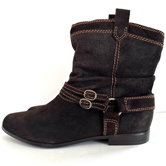 ARRAY MAVERICK BROWN SUEDE DISTRESSED SLOUCHY HARNESS FLAT ANKLE BOOT BOOTIE Sz9 - Picture 3 of 12